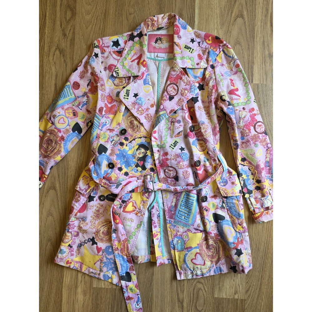 Fiorucci Trench Coat Pop Art Jacket Graphic Roses Mermaid Coquette L AOP VTG